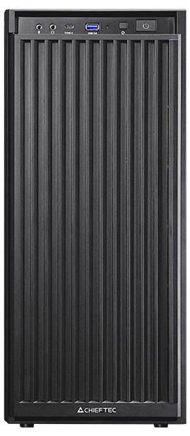 Ein schwarzes Chieftec-Computergehäuse mit gerippeltem Frontpanel, mit Anschlüssen und einem Netzschalter im oberen vorderen Bereich.