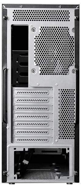 Das Bild zeigt die Rückseite eines Computer-Tower-Gehäuses mit mehreren Erweiterungssteckplätzen, einem Stromversorgungsbereich und Lüftungsgittern.