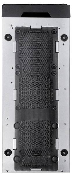 Ein Turm-Computergehäuse von unten betrachtet, mit einem großen Maschenpaneel zur Belüftung und mehreren schwarzen Schrauben zur Befestigung von Teilen.