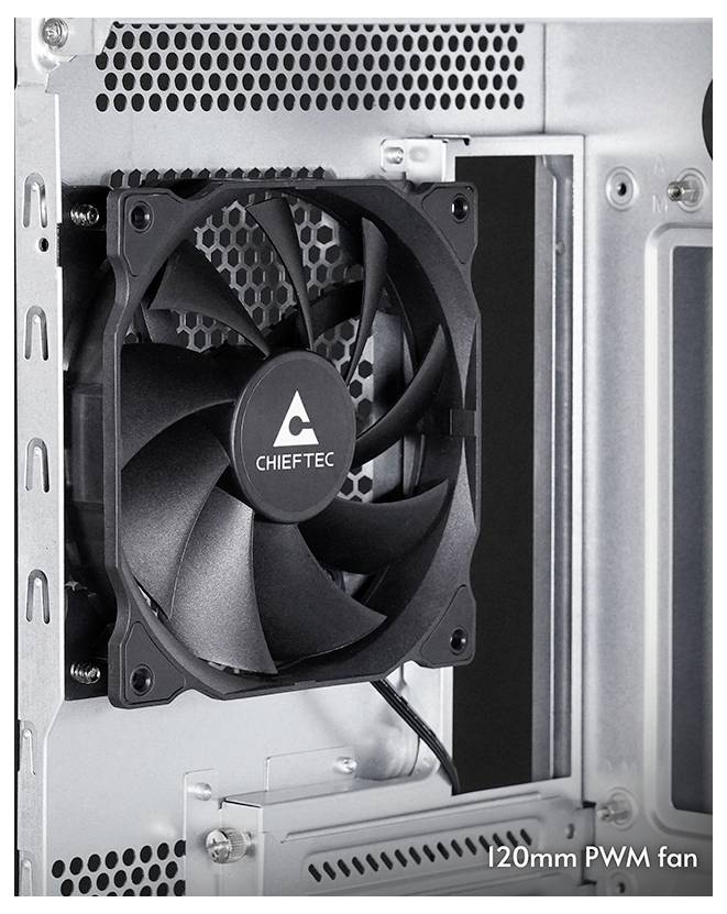 'CHIEFTEC' Markenbezeichnung 120mm PWM-Lüfter, der zur Belüftung in einem Computergehäuse installiert ist.