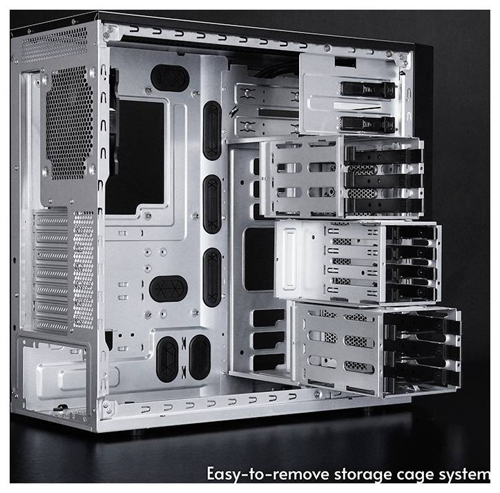 Innenansicht eines Computergehäuses mit modularem Design für leicht zu entfernende Speicherkäfige und flexible Hardwarekonfigurationen.