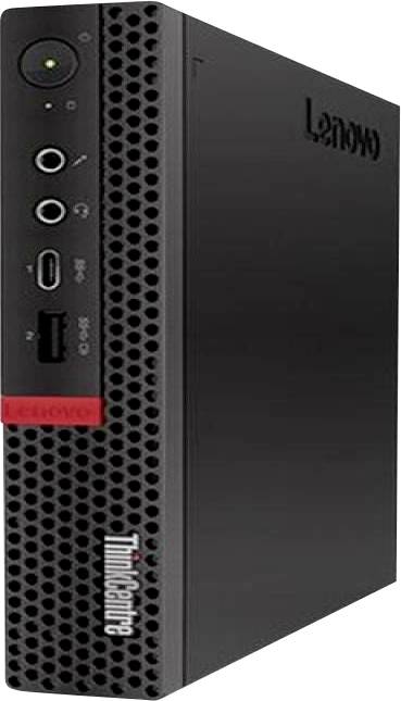 Frontansicht eines Lenovo ThinkCentre Desktop-Towers mit Stromschalter, Audiobuchsen, USB-C- und USB-Anschlüssen auf der Frontplatte.