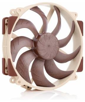 Ein großer Computer-Kühlventilator mit braunen Blättern und einem beigen Rahmen, konstruiert für effiziente Luftzirkulation und Lärmreduktion in PC-Gehäusen.