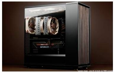 Ein elegantes schwarzes Computergehäuse mit einer sichtbaren GeForce RTX-Grafikkarte und fortschrittlichen Kühlventilatoren, das moderne Gaming-Hardware präsentiert.