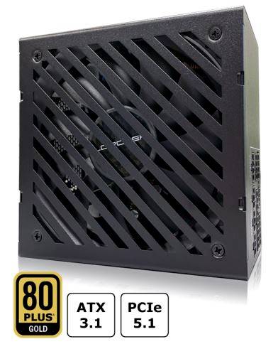 Netzteil mit '80 PLUS Gold'-Zertifizierung und diagonalen Lüftungsschlitzen. Kompatibel mit ATX 3.1 und PCIe 5.1.