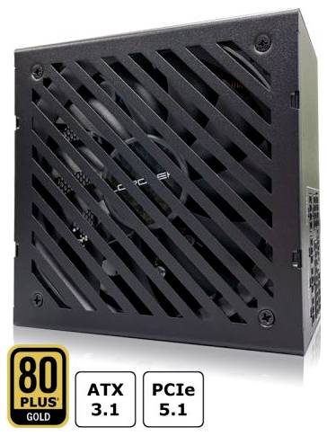 Ein schwarzes Netzteil mit diagonal belüftetem Frontdesign, das das Logo „80 PLUS Gold
