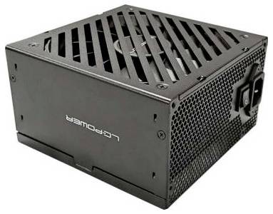 Ein schwarzes LC-Power Computer-Netzteil mit belüftetem Design, das ein Lüftergitter oben und eine Steckdose auf der Rückseite zeigt.