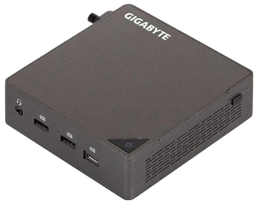 Eine kompakte schwarze Computerbox mit Lüftungsschlitzen, mit der Bezeichnung „GIGABYTE