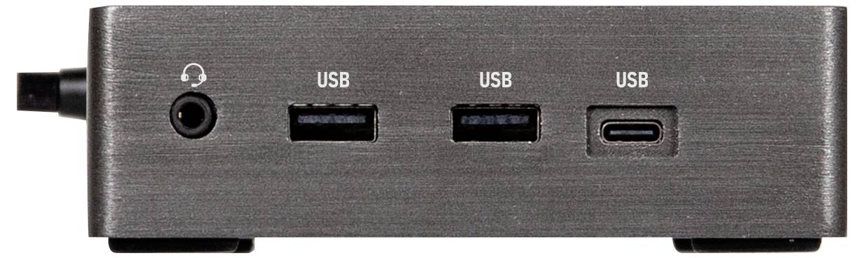 Ein kompaktes elektronisches Gerät mit mehreren Anschlüssen: Ethernet, HDMI, USB-C und USB, das für Konnektivität und Medienschnittstellen verwendet wird.