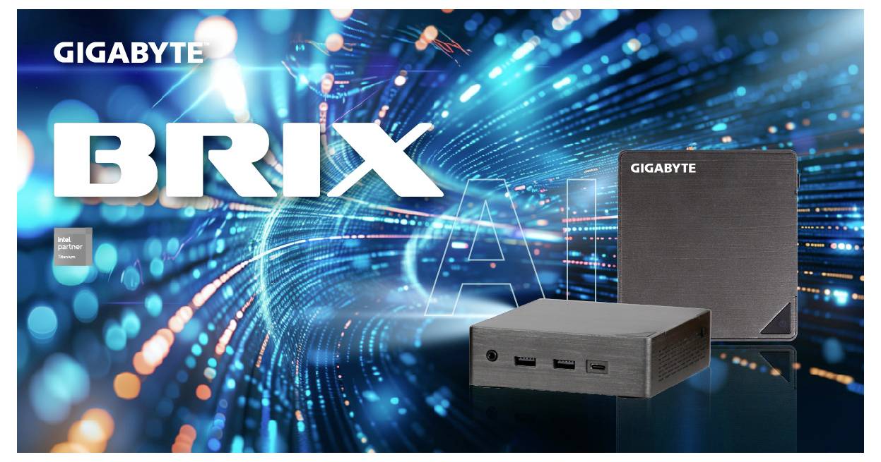 Ein GIGABYTE BRIX Mini-PC wird mit dynamischem blauem Hintergrund präsentiert, der ein hochmodernes, digitales Design aufweist.