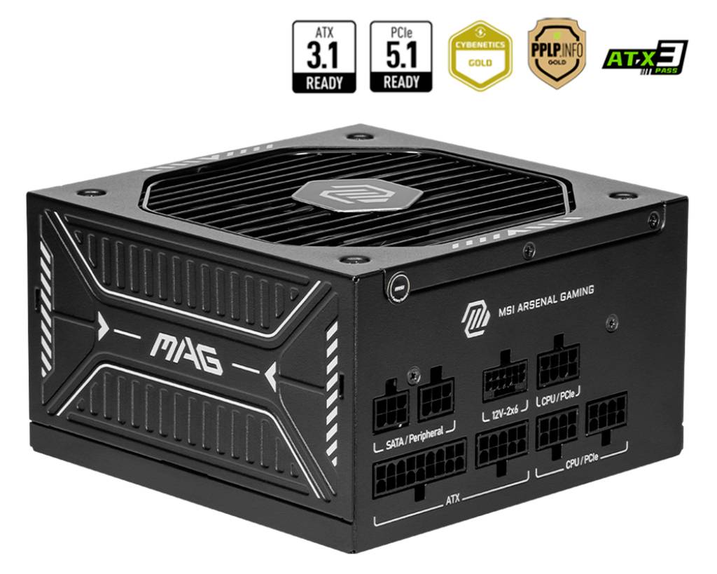 „MSI MAG Netzteil mit verschiedenen Anschlussports, ATX 3.1 und PCIe 5.1 Kompatibilität und einem Cybernetics Gold Zertifizierungsabzeichen.