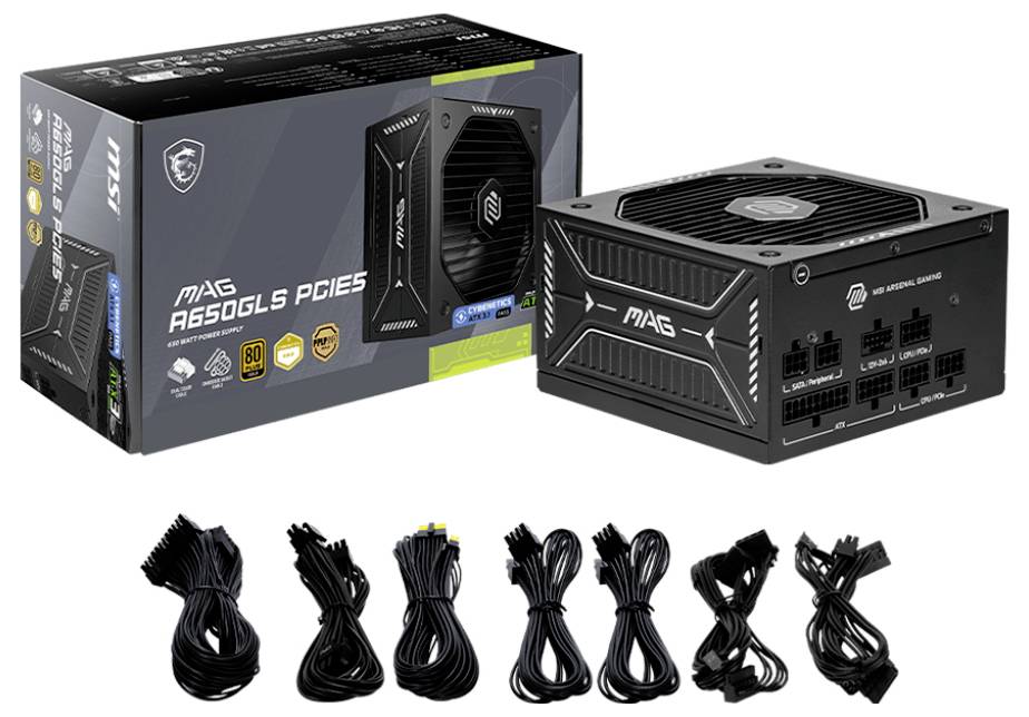 „MSI MAG A650GLS PCIe5" Stromversorgungseinheit mit Verpackung und mehreren Steckerkabeln dargestellt, wobei seine Gaming- und 80-Plus-Gold-Zertifizierungsfunktionen hervorgehoben werden.