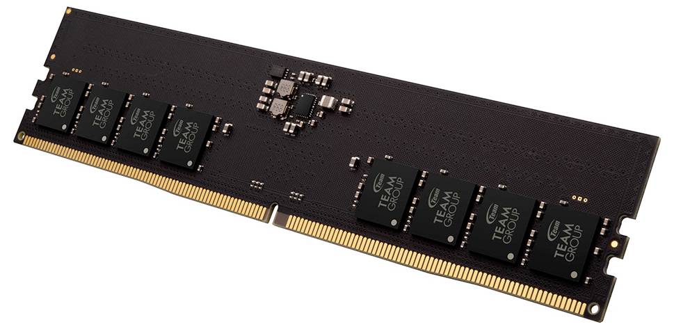 Ein Computer-RAM-Stick mit mehreren Speicherchips auf einer Leiterplatte, mit goldfarbenen Steckern an der unteren Kante.
