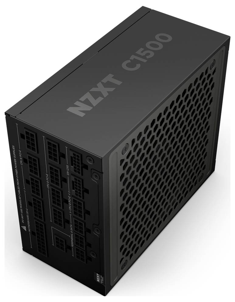 Ein schwarzes NZXT C1500 Netzteil mit mehreren Anschlüssen und Belüftungsgitter, konzipiert für leistungsstarke Desktop-Computer.