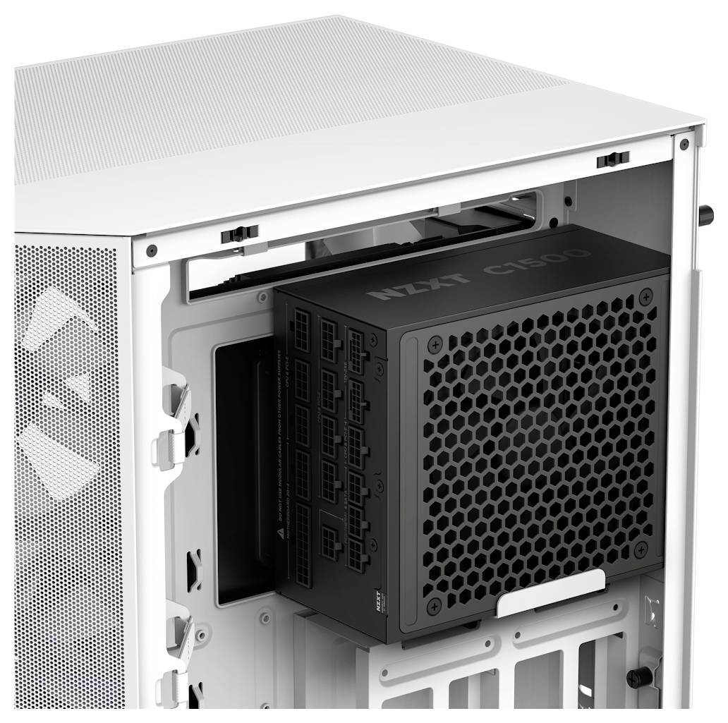 Ein weißes ASUS ROG STRIX-Motherboard mit Wi-Fi-Antenne, das mehrere Anschlüsse einschließlich USB, Ethernet und HDMI aufweist und auf einer ebenen Oberfläche positioniert ist.