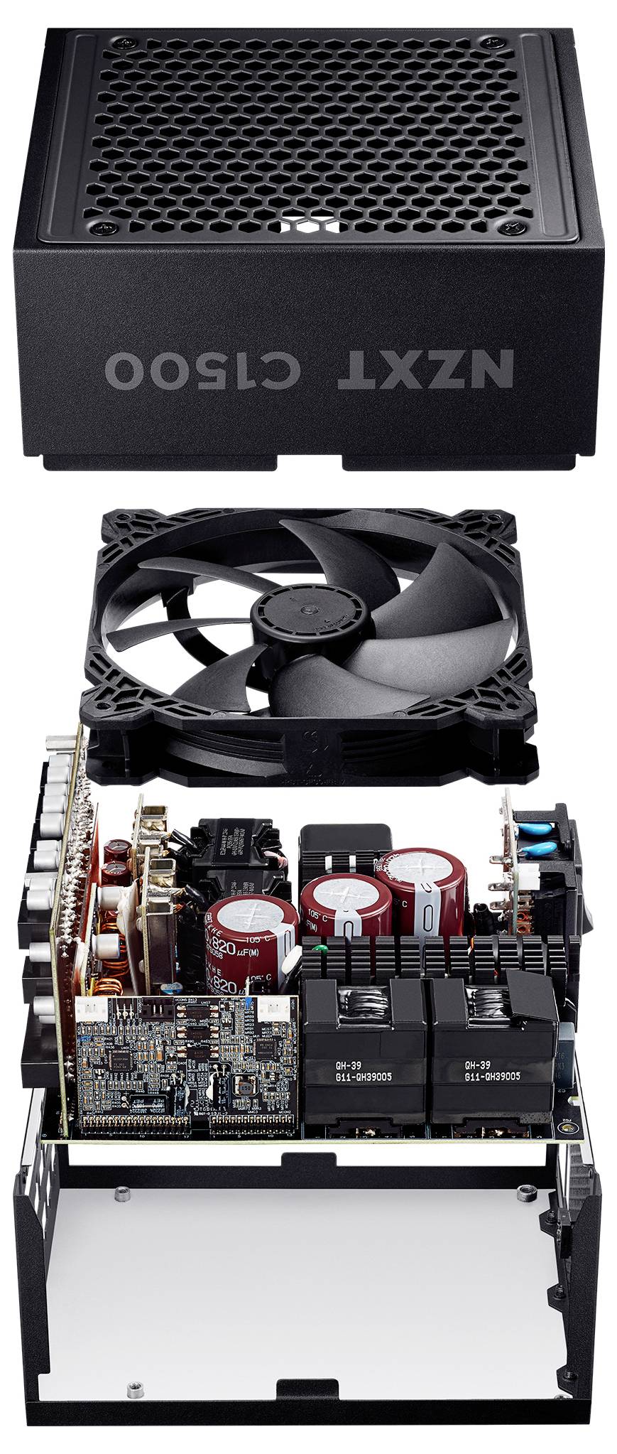 Zerlegte Stromversorgungseinheit 'NZXT C1500' mit äußerem Gehäuse, innerem Lüfter und elektronischen Komponenten im Inneren.