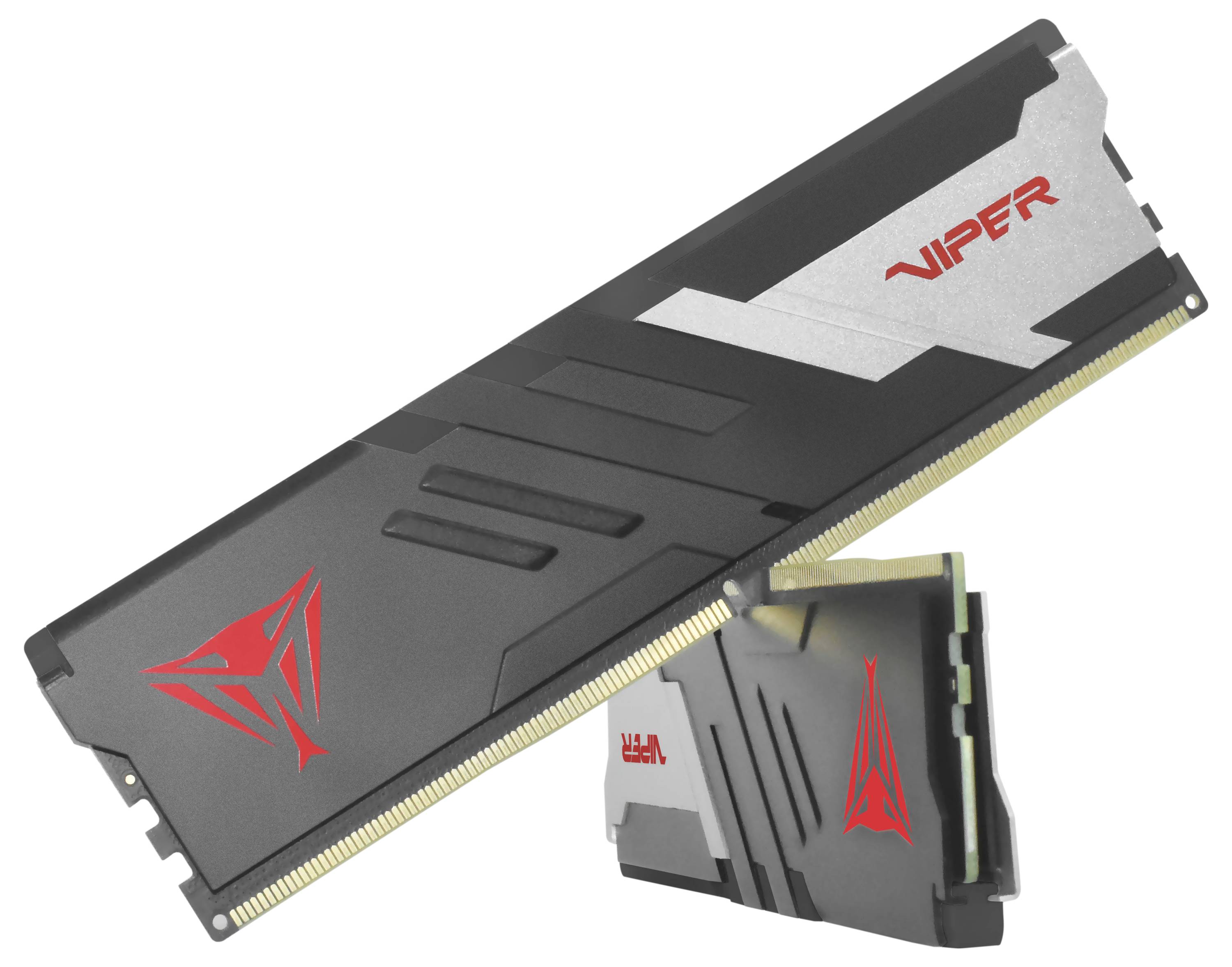Ein Paar Viper DDR4-Arbeitsspeicherstäbe mit elegantem schwarzem Design und roten sowie silbernen Akzenten, was auf hohe Leistung hinweist.