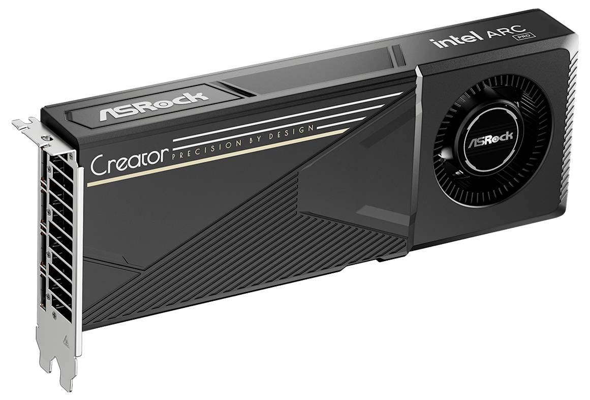 ASRock Intel Arc Creator Grafikkarte auf weißem Hintergrund, mit einzelnem Lüfter-Kühler und PCIe-Halterung.