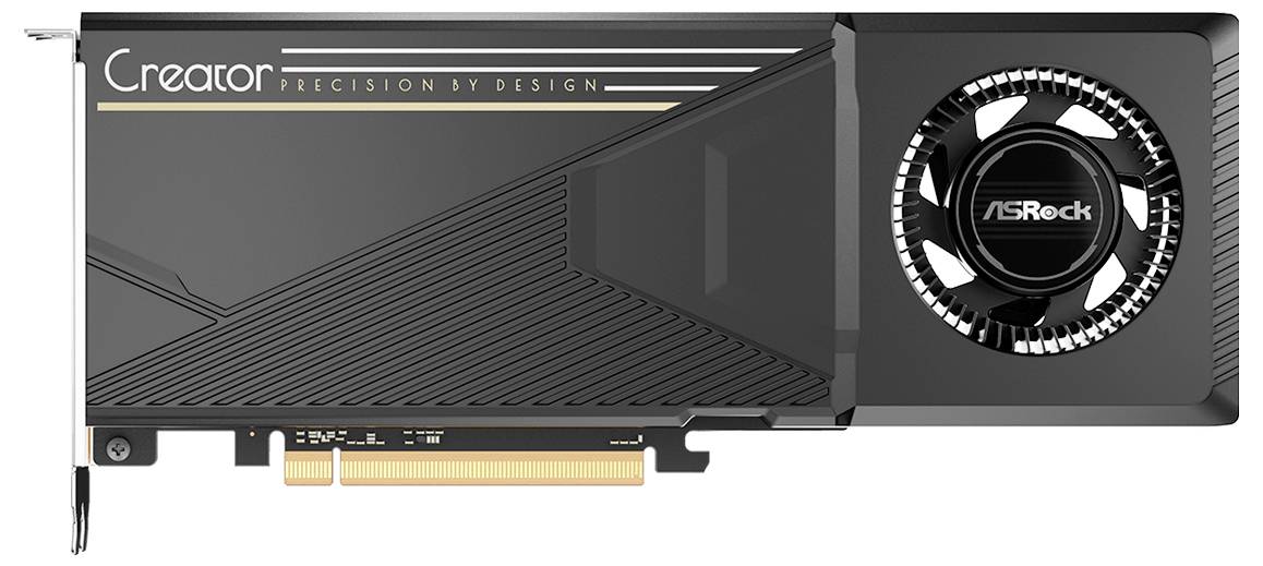 ASRock Creator Grafikkarte von der Seite gezeigt, mit schwarzer Verkleidung und einzelnem Kühlungsventilator.