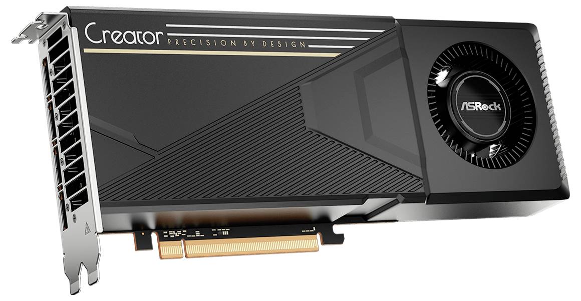 Eine schwarze ASRock Creator Grafikkarte mit großem Lüfter und hinterer Metallhalterung, gezeigt vor weißem Hintergrund.