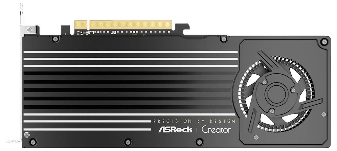 ASRock Creator Grafikkarte mit schwarzem Kühlkörper und einem einzelnen Kühlventilator auf der rechten Seite