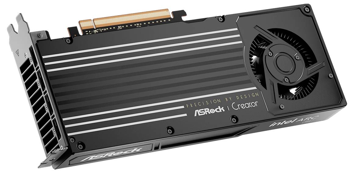 ASRock Creator Radeon-Grafikkarte mit großem Kühlventilator und schwarzem gestreiftem Gehäuse, gezeigt auf weißem Hintergrund.