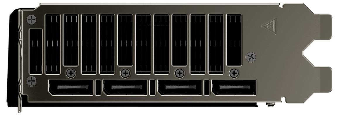Nahaufnahme einer schwarzen Erweiterungshalterung für Computergrafikkarten mit mehreren Belüftungsschlitzen und mehreren Anzeigeausgabeanschlüssen entlang der Unterseite.