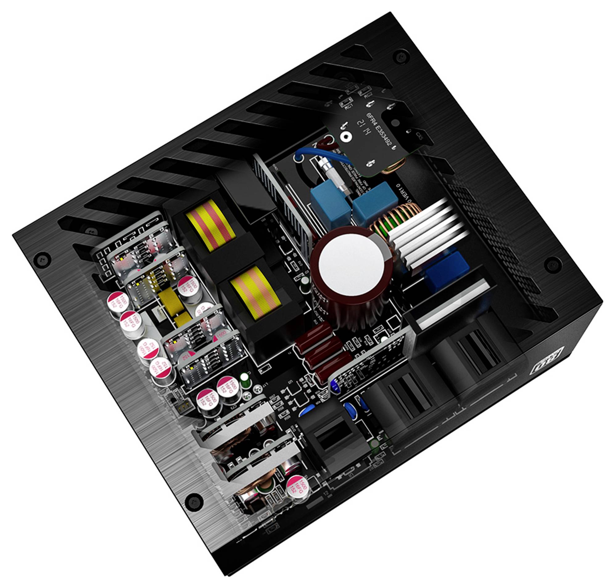 Eine Computerstromversorgungseinheit mit sichtbaren internen Komponenten, einschließlich Kondensatoren, Spulen und Kühlkörpern, die für eine effiziente Stromregelung ausgelegt ist.