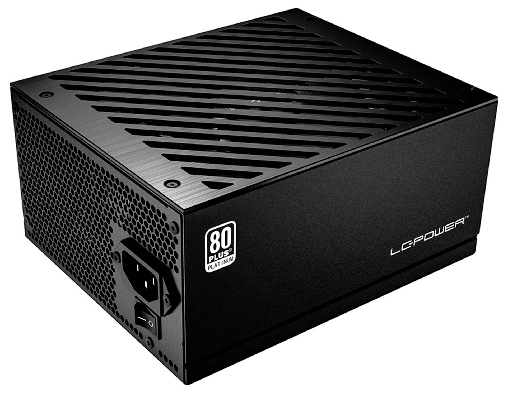 Ein schwarzes LC Power Computer-Netzteil mit geschlitzter Oberseite und '80 Plus Platinum'-Zertifizierungsetikett für effiziente Energieverteilung.
