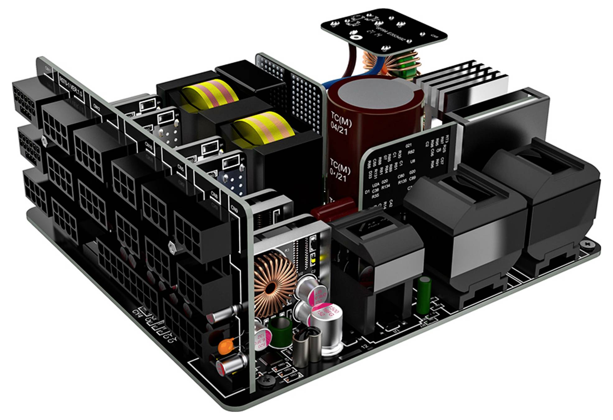 Ein offener Blick auf eine Computerstromversorgungseinheit, der verschiedene Komponenten wie Kondensatoren, Induktivitäten und Stecker auf einer Leiterplatte zeigt.