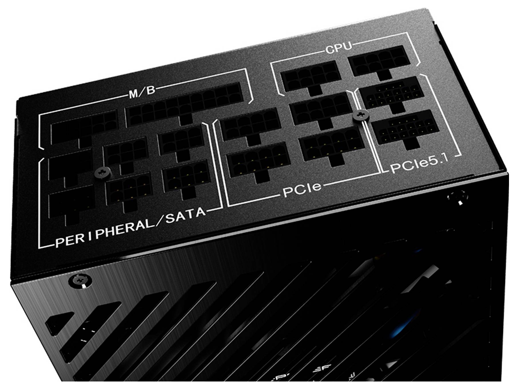 Nahaufnahme einer Computernetzteileinheit mit beschrifteten Anschlüssen für M/B, CPU, PERIPHERAL/SATA, PCIe und PCIe5.1.