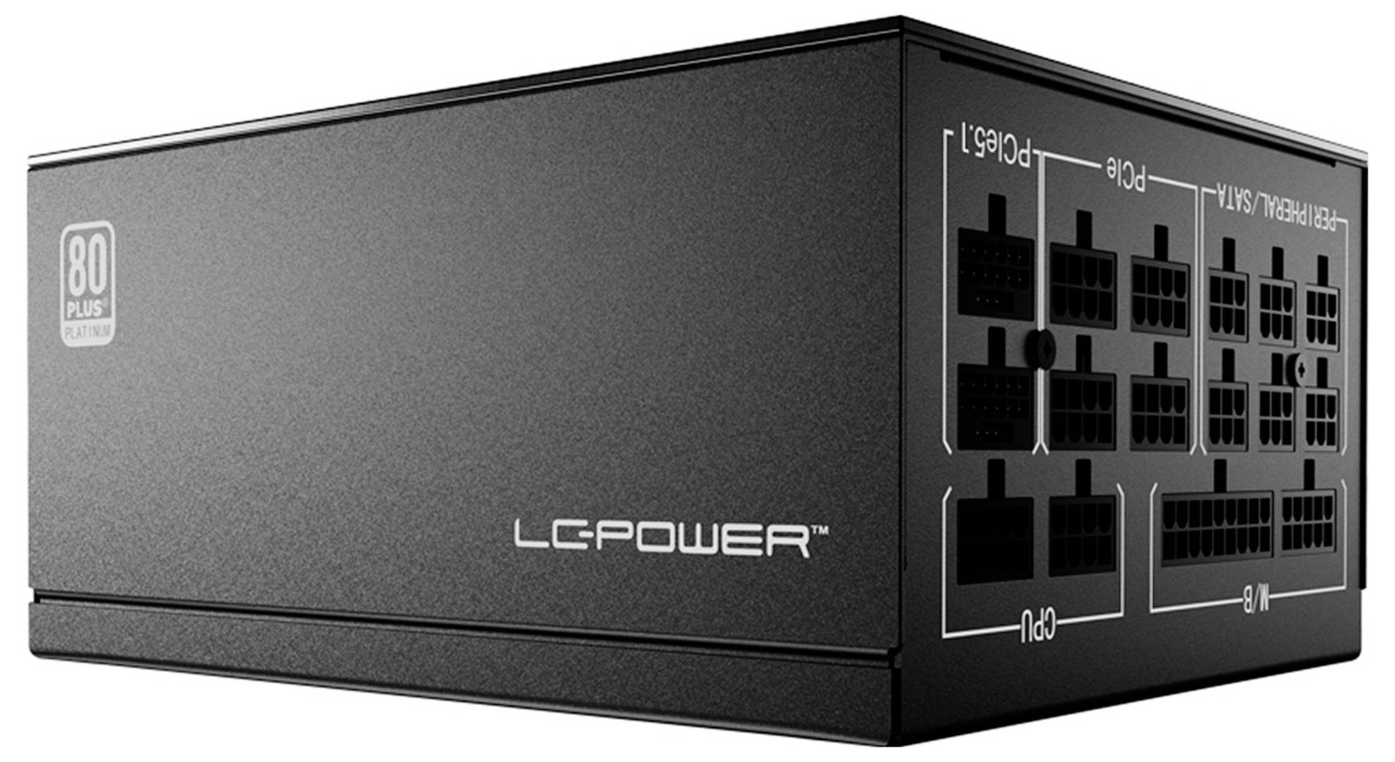 Ein schwarzes LC-Power-Netzteil mit modularen Steckverbindern und einem „80 Plus