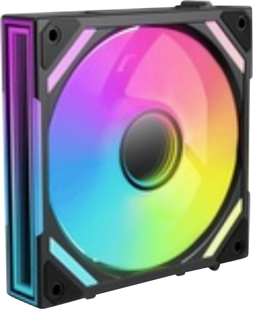 RGB-Computergehäuse-Kühlventilator mit farblich leuchtendem Regenbogen-Lüfterblatt und schwarzem quadratischem Rahmen.