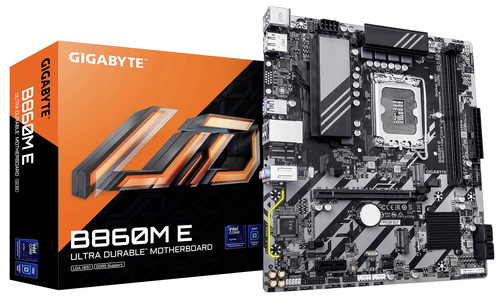 Ein Gigabyte B660M E Motherboard wird zusammen mit seiner Verpackung angezeigt und hebt seine kompakte Größe und Funktionen hervor, die für Computerzwecke geeignet sind.