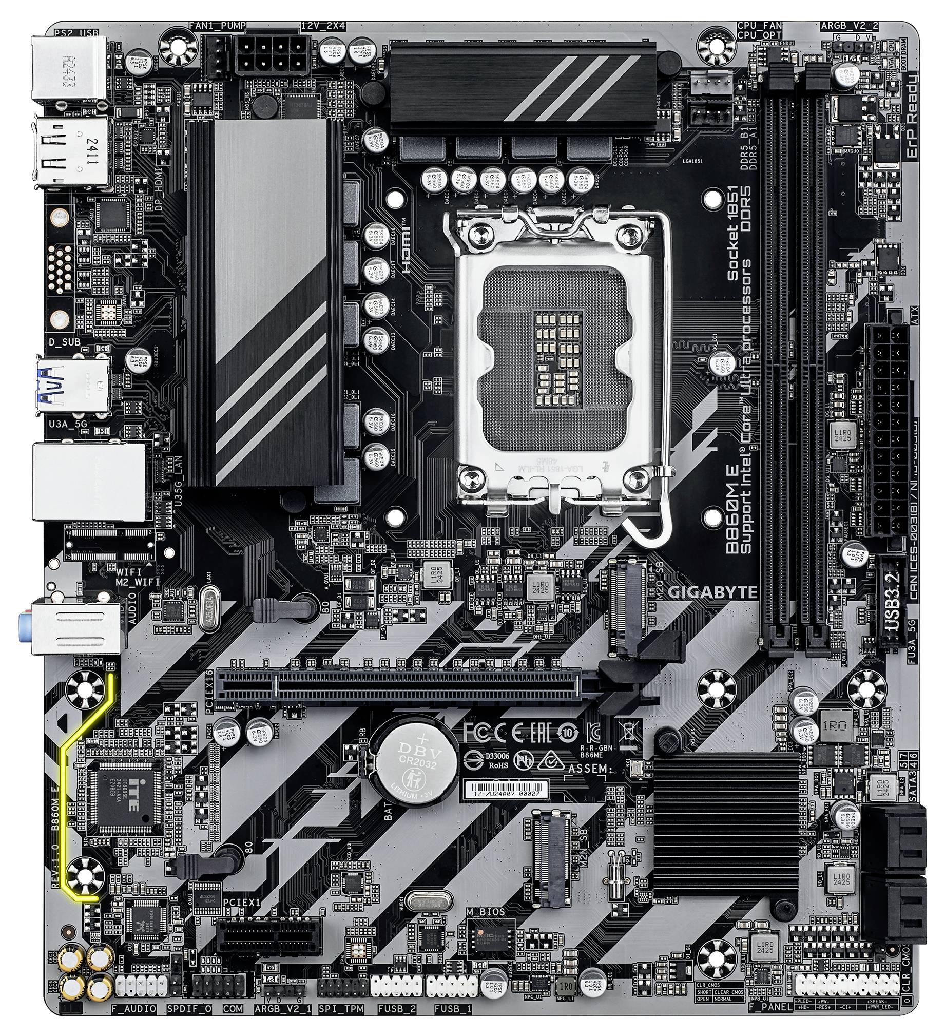 Ein Computer-Motherboard mit mehreren Steckplätzen, Anschlüssen und sichtbaren Schaltkreisen. Das Gigabyte-Logo befindet sich auf der rechten Seite und der CPU-Sockel ist zentral positioniert.
