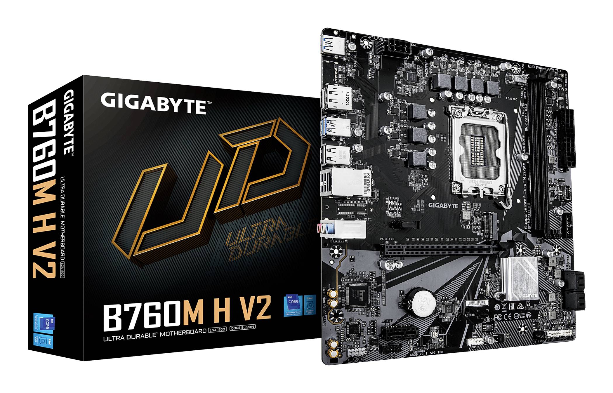 GIGABYTE B760M H V2 Ultra Durable Motherboard und seine Verpackungsschachtel, die das Board-Layout und die wichtigsten Komponenten zeigt.
