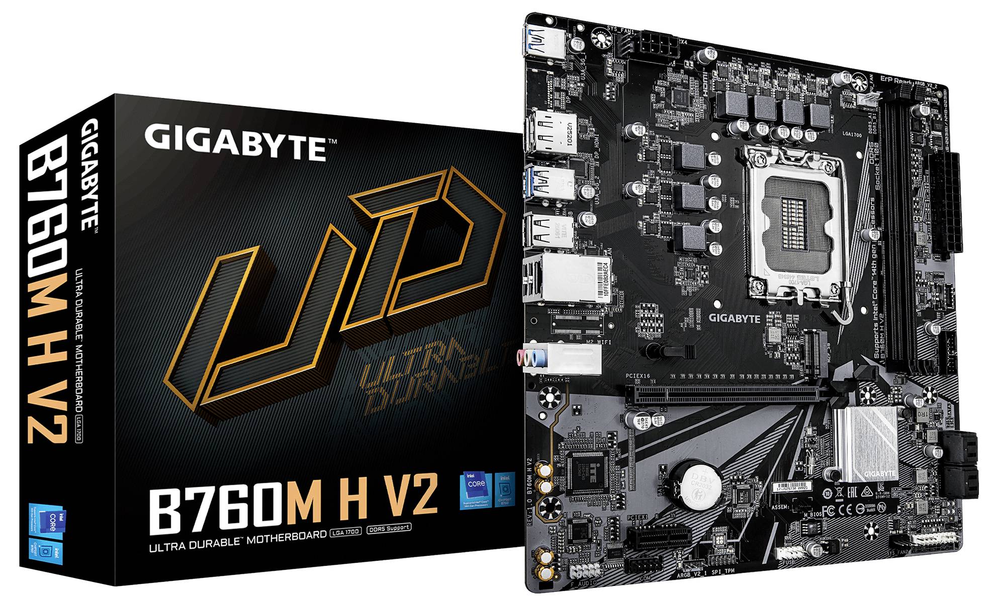 'GIGABYTE B760M H V2' Motherboard-Box und Produkt, das Anschlüsse, Steckplätze und Verbinder zeigt und die Funktion 'Ultra Durable' hervorhebt.