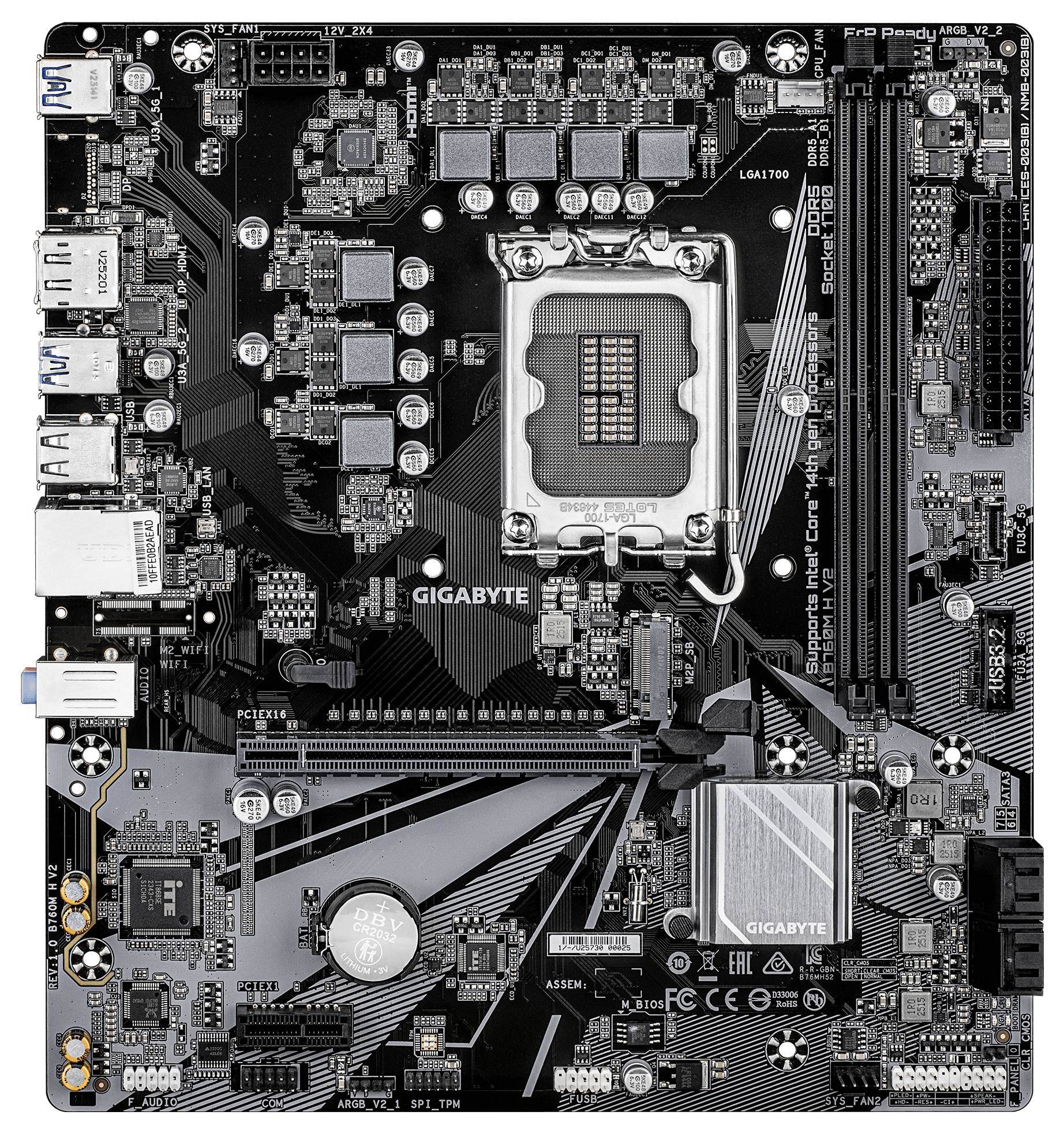 Ein GIGABYTE-Motherboard mit mehreren Anschlussports, Chipset und Socket. Die Funktionen umfassen PCIe-Steckplätze, RAM-Steckplätze und verschiedene Anschlüsse.