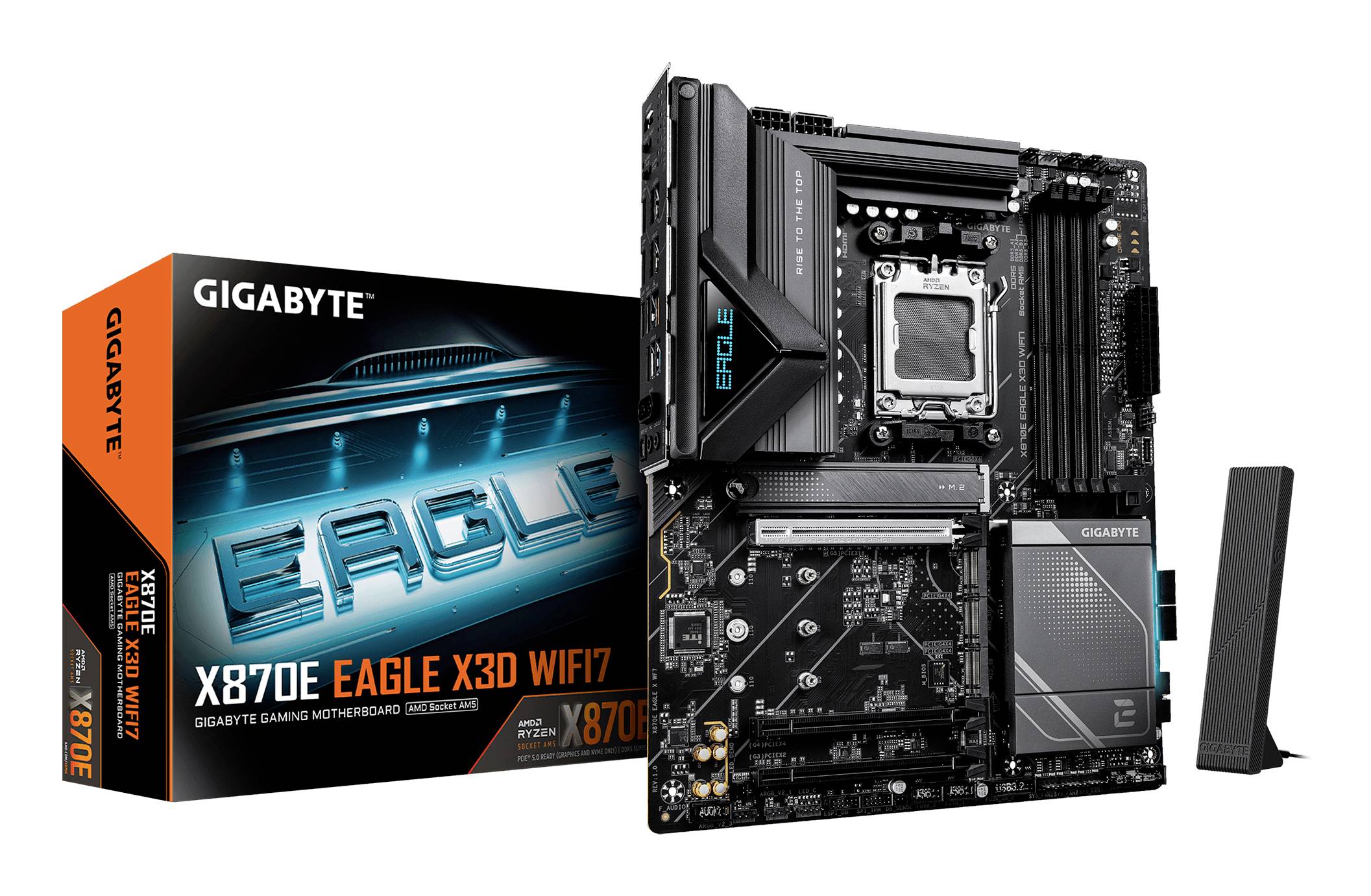 Gigabyte X870E Eagle X3D WiFi7 Motherboard mit Verpackung, die fortschrittliche Funktionen und WiFi-Fähigkeit hervorhebt, konzipiert für Gaming.