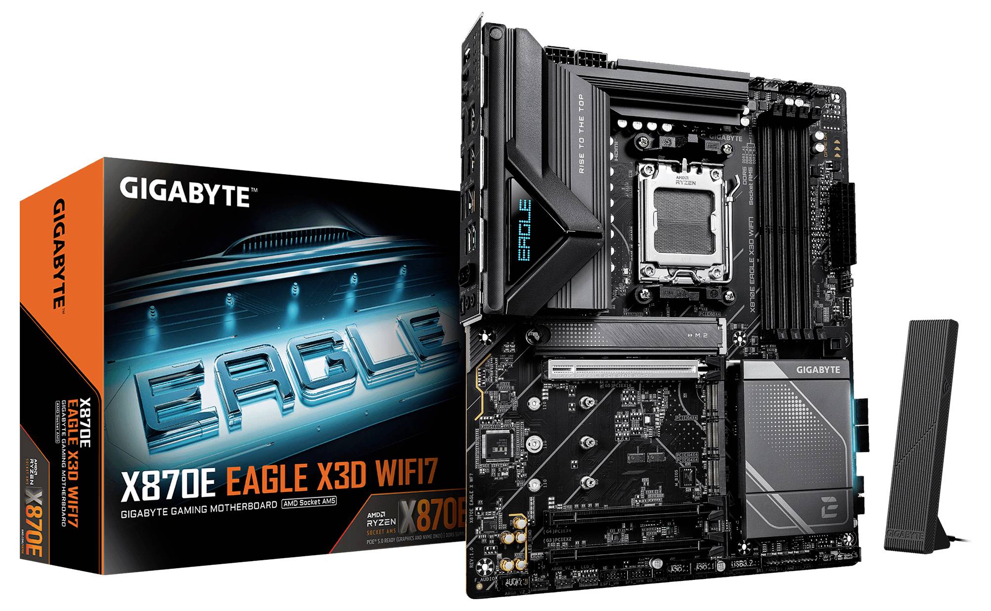 Gigabyte X670E AORUS Elite Motherboard-Box neben dem Board, zeigt fortschrittliche Kühlungs- und kabellose Funktionen für Gaming-Einsatz.