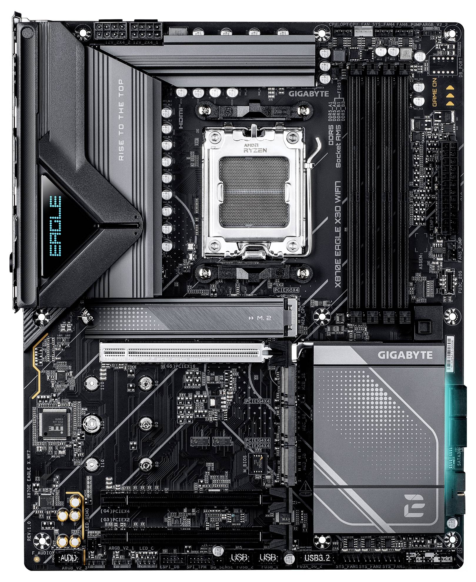 Ein Computermotherboard mit mehreren RAM-Steckplätzen, PCIe-Steckplätzen und einer großen CPU-Buchse, entwickelt für High-Performance-Verarbeitungsaufgaben.