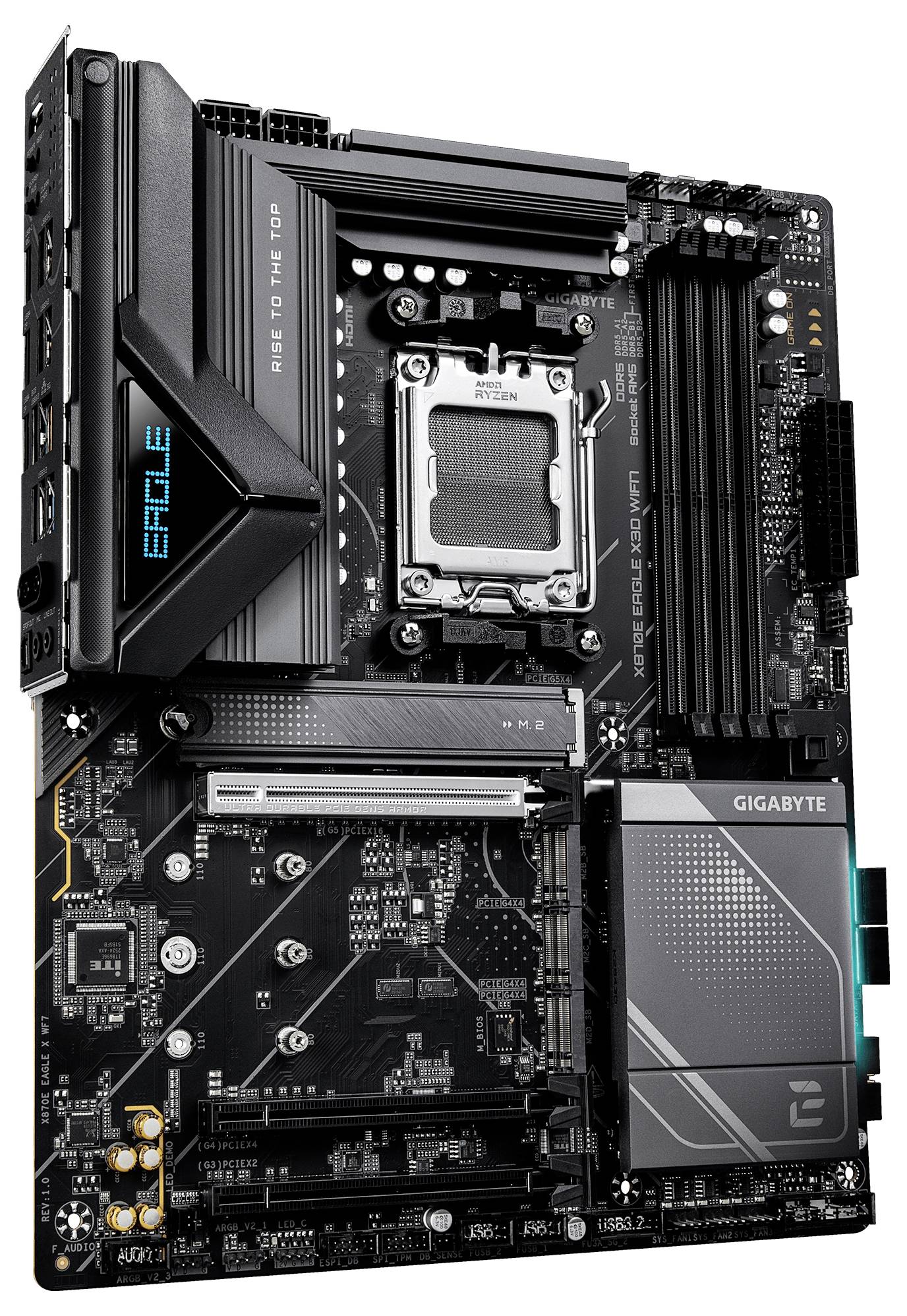 Computermainboard mit verschiedenen Komponenten wie RAM-Slots, CPU-Sockel, Kühlkörper und Steckverbindungen mit den Bezeichnungen „Eagle
