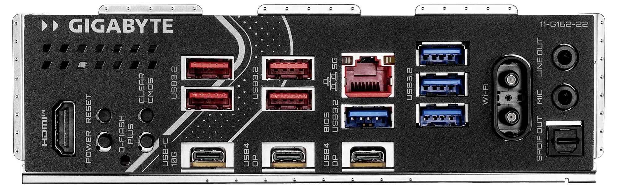 Rückseite eines Gigabyte-Motherboards mit HDMI, USB-Anschlüssen, Ethernet, Audio-Buchsen, Clear-CMOS- und BIOS-Update-Schaltflächen.