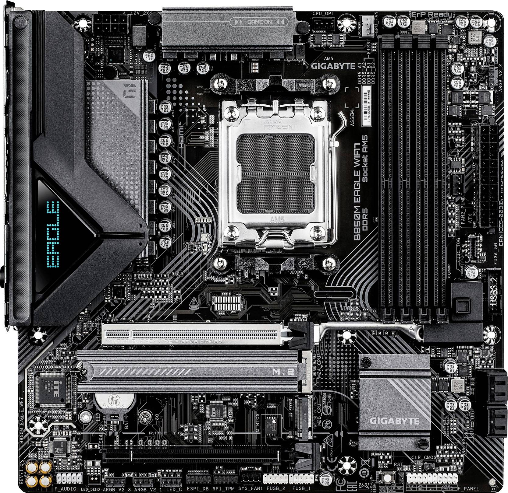 Draufsicht eines Gigabyte B860M Motherboards mit Intel-CPU-Sockel, PCIe- und M.2-Steckplätzen sowie großem EAGLE-Kühlkörper im Stil.