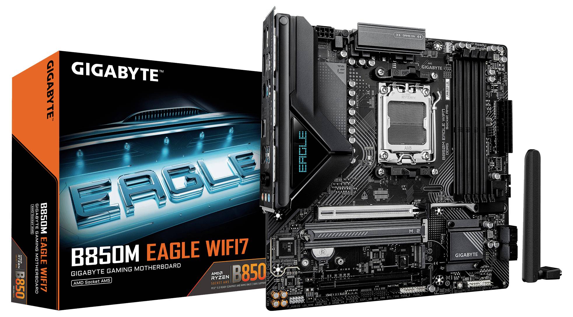 Gigabyte B850M Eagle WiFi7 Mainboard mit Einzelhandelsverpackung und enthaltener Wireless-Antenne.