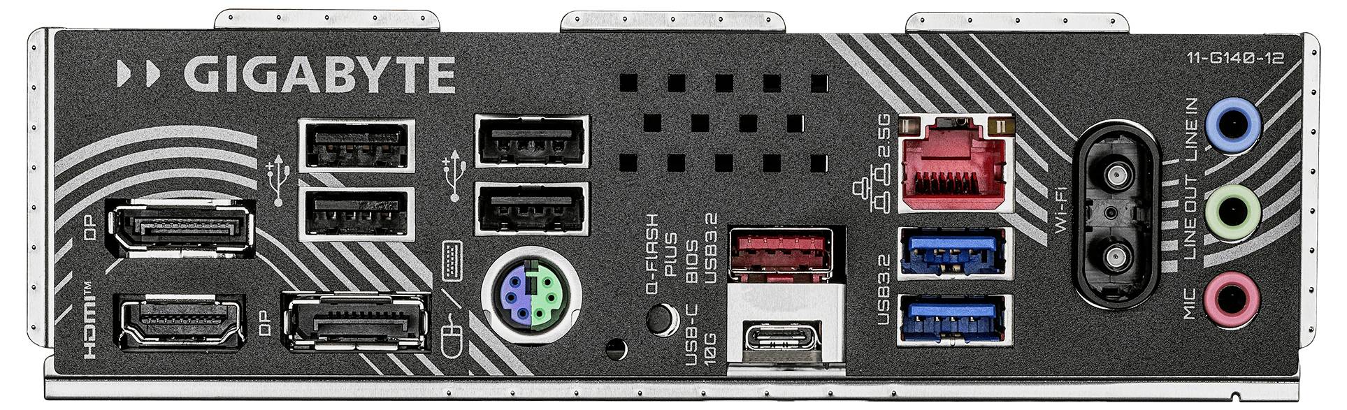 Motherboard-Rückseite mit verschiedenen Anschlüssen: USB, HDMI, Ethernet, Audiobuchsen, ein PS/2-Anschluss und gekennzeichnete Steckplätze für Konnektivität.
