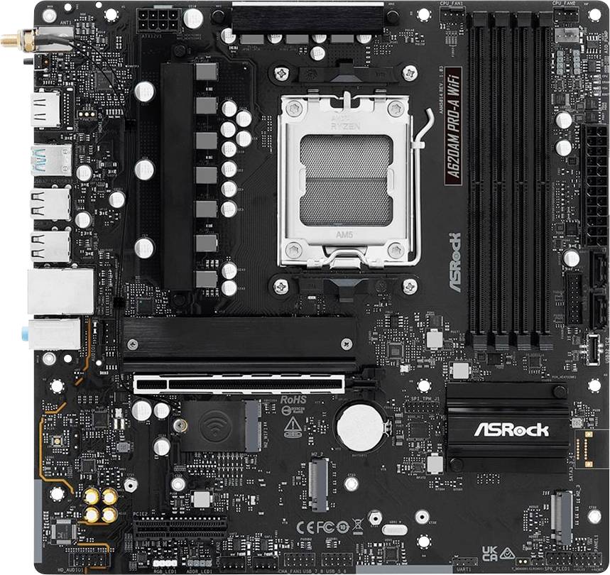 Ein schwarzes ASRock-Motherboard mit mehreren Steckplätzen und Anschlüssen, einschließlich RAM-Slots, einem CPU-Sockel und Erweiterungssteckplätzen, entwickelt für die Montage von Computern.