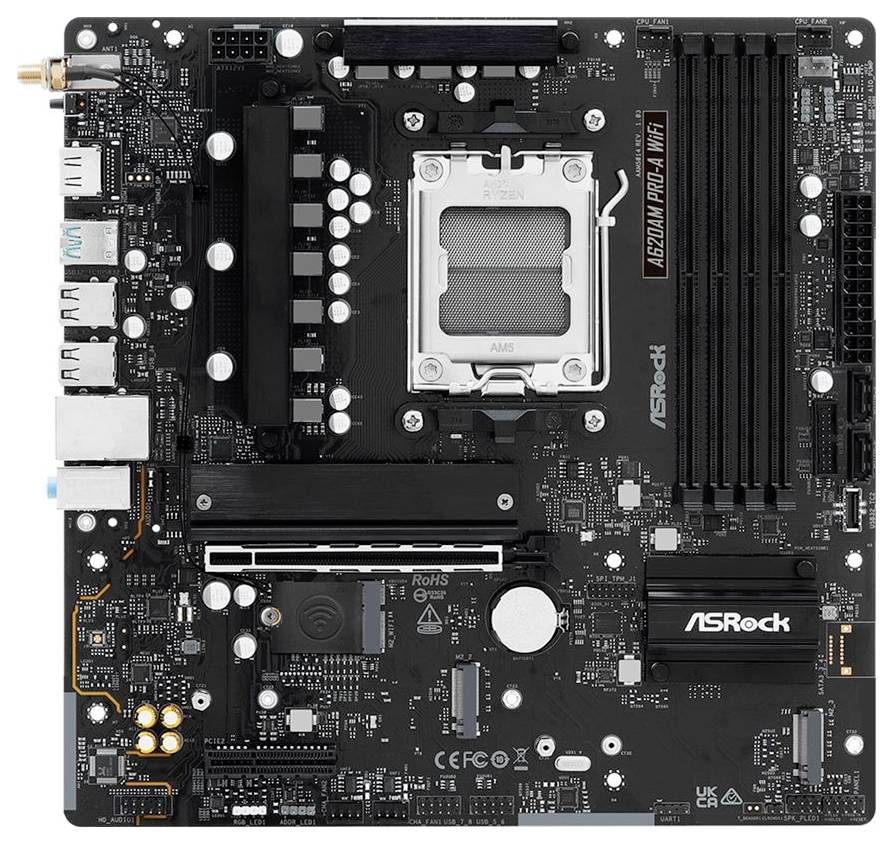 Ein Computermotherboard mit dem ASRock-Logo, CPU-Sockel, RAM-Steckplätzen und verschiedenen Anschlüssen und Chipsätzen in einem kompakten Layout.