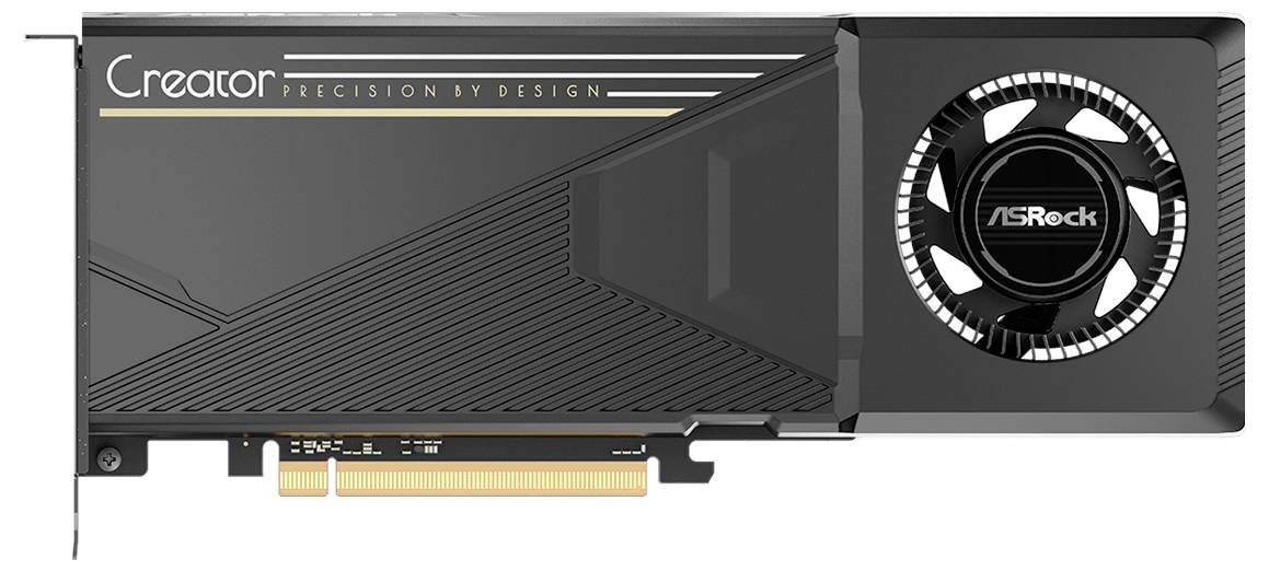 Eine schwarze ASRock-Grafikkarte mit dem Titel „Creator