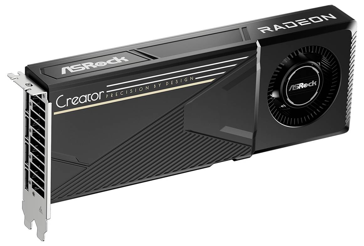 Eine schwarze ASRock Creator Radeon-Grafikkarte mit Kühlventilator, entwickelt für leistungsstarke Datenverarbeitung und grafikintensive Aufgaben.